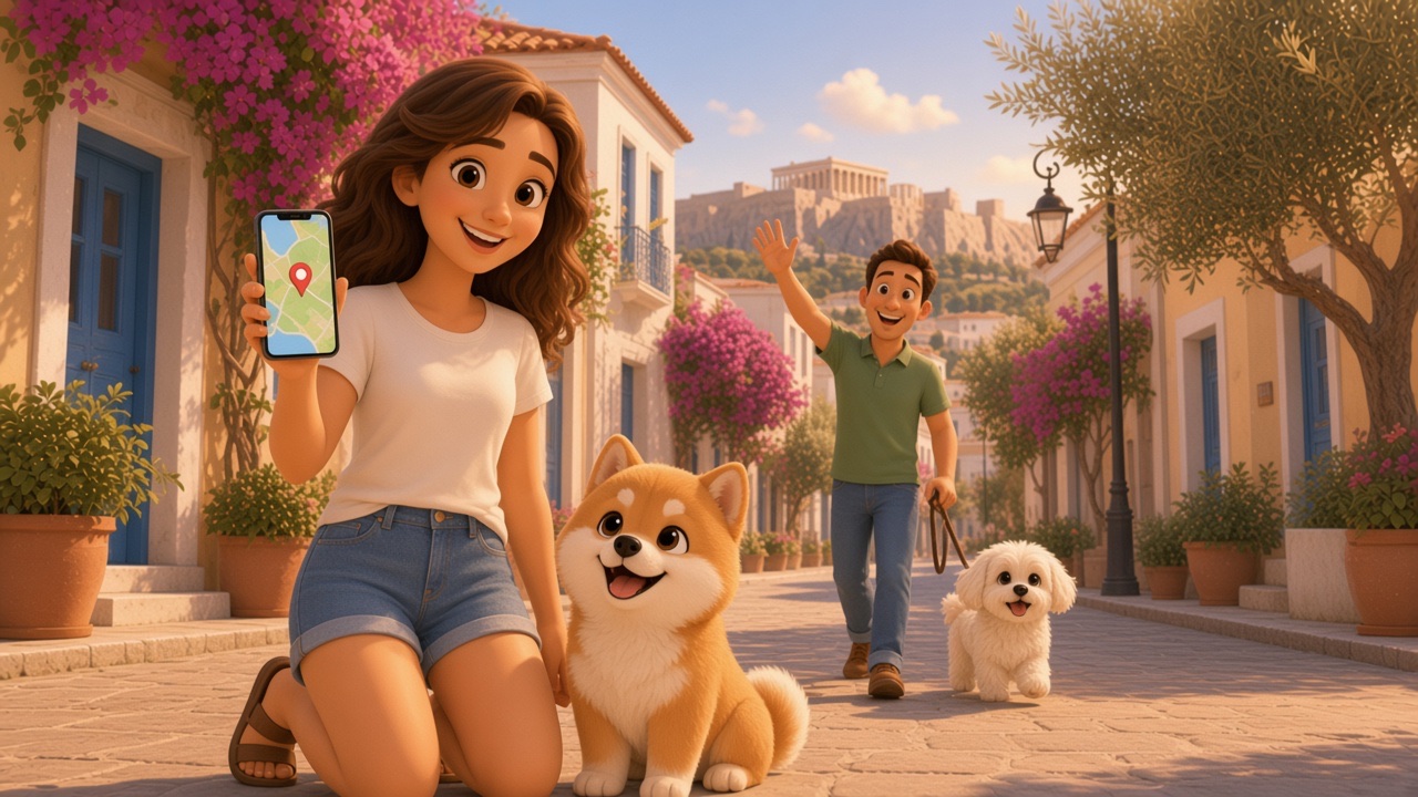 Dog-walker with happy dogs in a sunny park